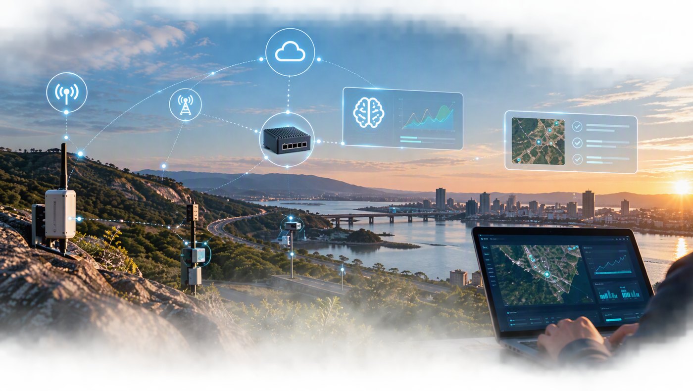 Sensores em campo conectados em rede a um módulo de edge computing, à nuvem e a painéis de IA, acompanhados por um profissional em um notebook