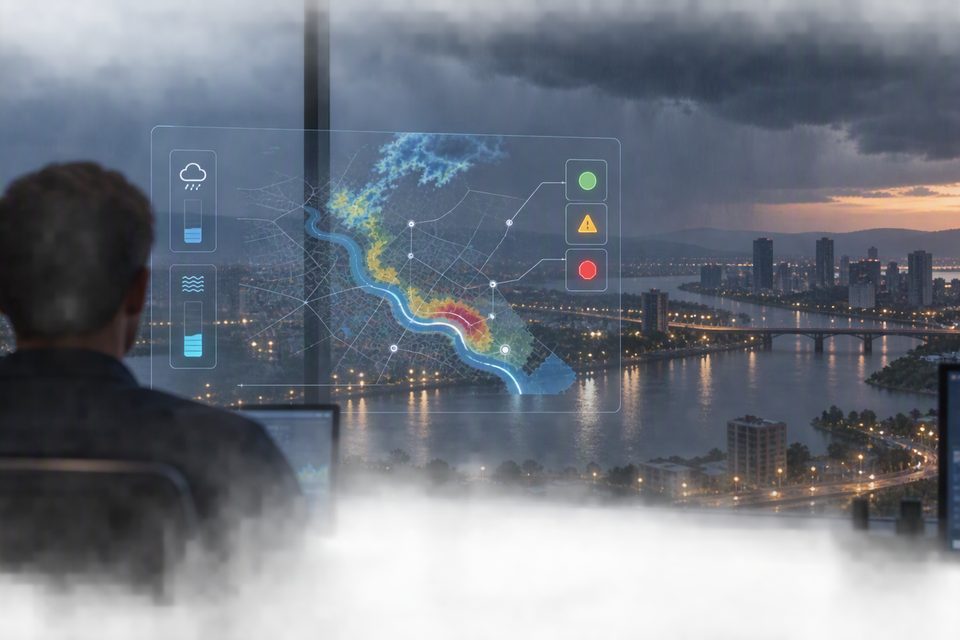 Analista em sala de monitoramento diante de mapa de chuva e nível de rio com alertas verde, amarelo e vermelho