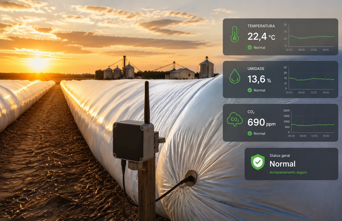 Silo-bolsa no campo com sensor instalado e painéis de temperatura, umidade e CO₂ indicando armazenamento normal