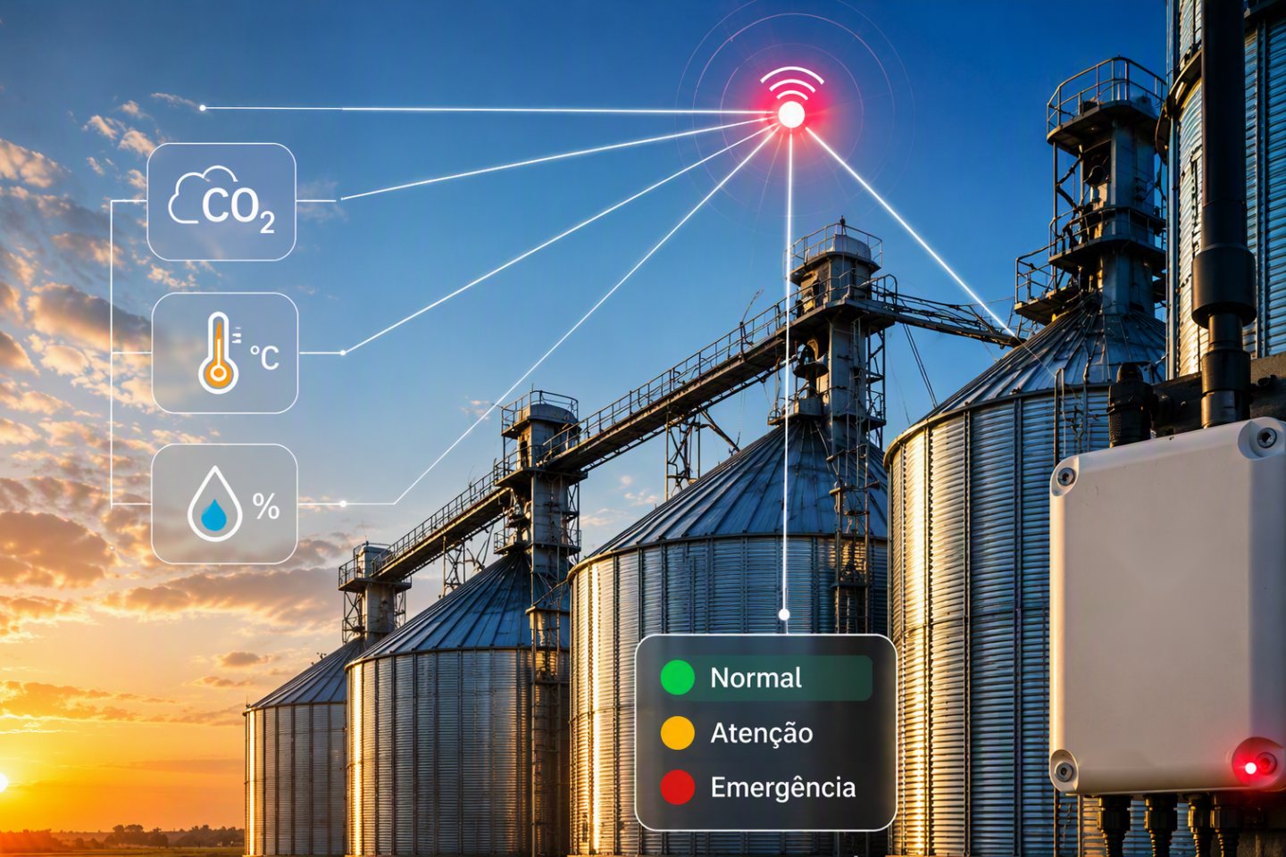 Ilustração de silo inteligente em operação, medindo CO₂, temperatura e umidade, com classificação normal, atenção e emergência