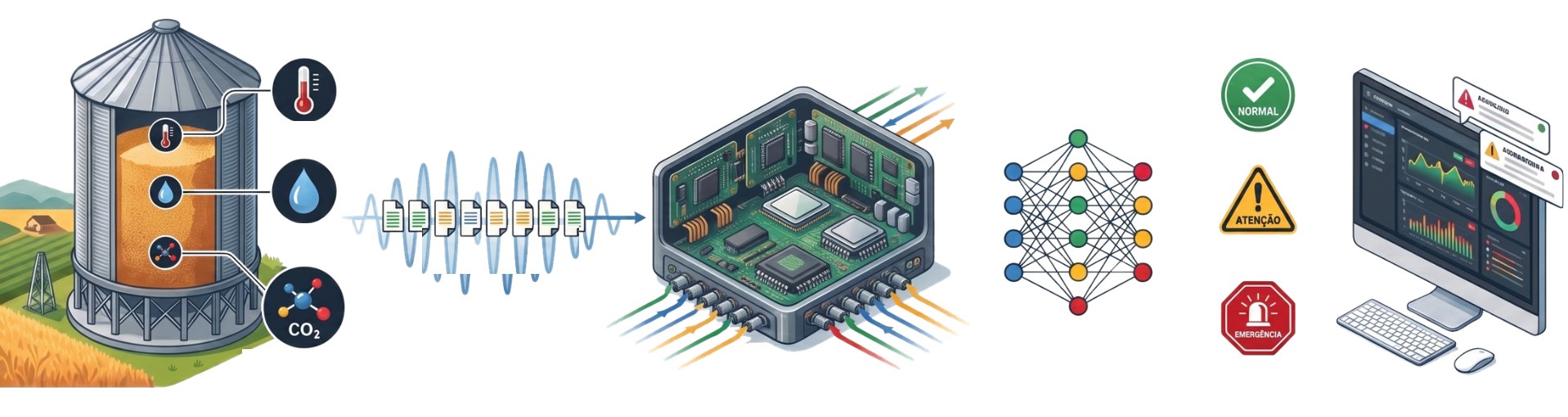 Ilustração do fluxo: silo com sensores de temperatura, umidade e CO₂, transmissão sem fio, módulo de edge computing, rede neural, classificação normal, atenção e emergência e painel de monitoramento